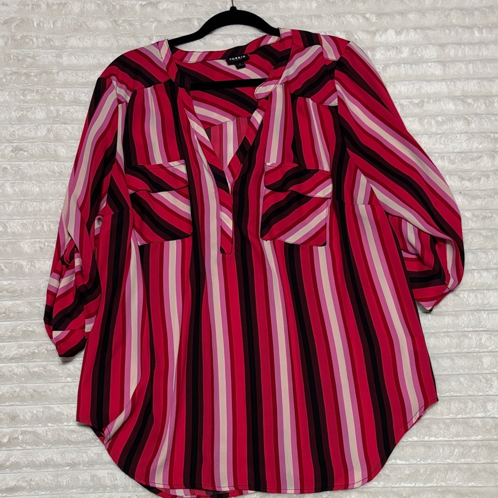 Torrid Women's Pink and Black Striped Blouse